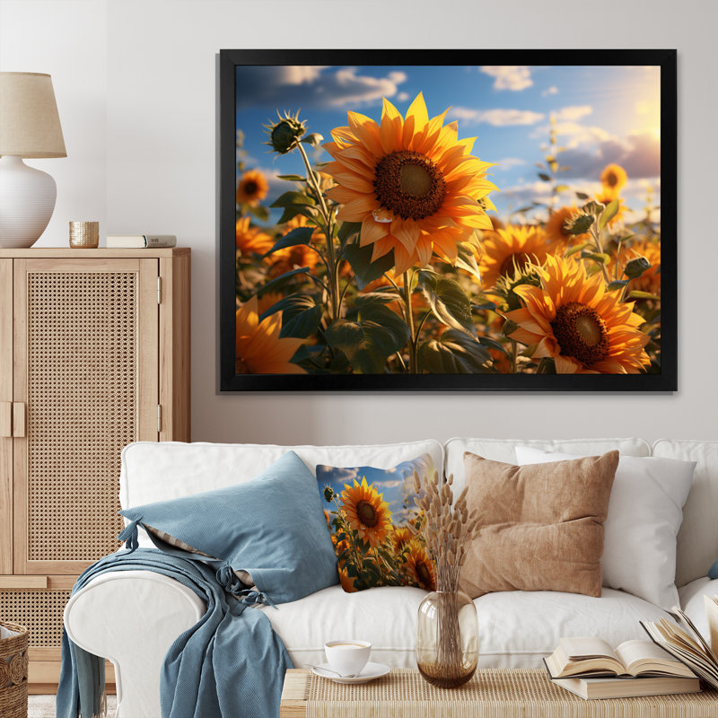 Snejana, Allemagne, tournesol, paradis, lever de soleil I - impression, H 16 po x l 32 po x P 1 po, Cadre simple noir