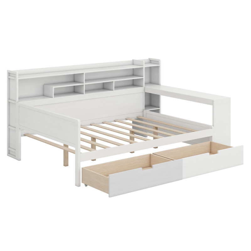 Daybed With Storage Shelves, Multi-Functional Bed With Two Storage Drawers And Study Desk, Antique White