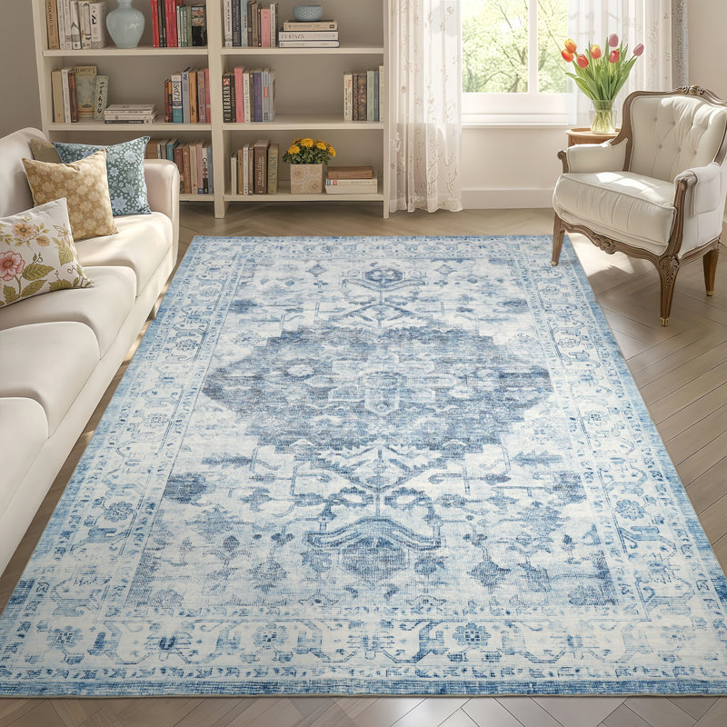 Washable Rugs 8X10 Area Rugs, Large Non-Slip Boho Living Room Rug, Ultra Soft Vintage Print Distressed Farmhouse Carpet For Dining Room Bedroom Dorm Office Home Decor