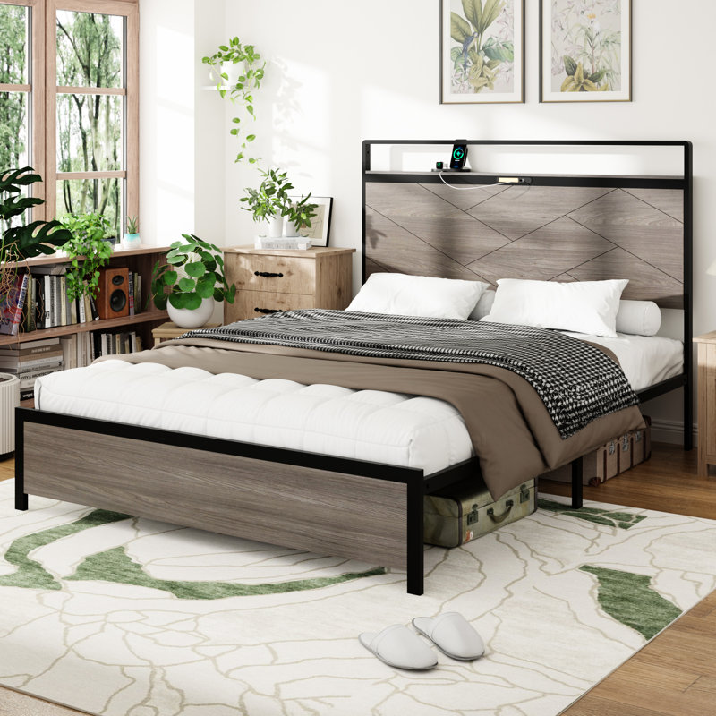 Bed Frame Queen Size, Led Headboard With 2 , Under - Storage, Metal And Wood Blend, Antique Grey, Simple Assembly Stable Size Lights Storage Drawers, Bed, Modern Design