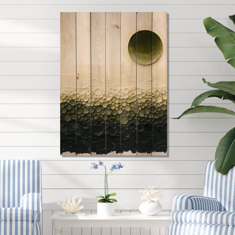 Olive mosaïque sur une plage au coucher du soleil - impression de bois vert côtier sur bois de pin naturel, H 40 po x l 30 po