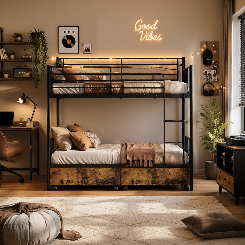 Lit superposé avec échelle et garde-corps haut, capable de se diviser, lit superposé en métal, espace de rangement, silencieux, taille simple sur simple, noir