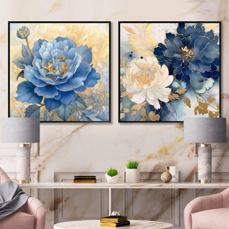 Ensemble de 2 fleurs rétro chorales blanches, Cadre flottant noir, H 16 po x l 33 po