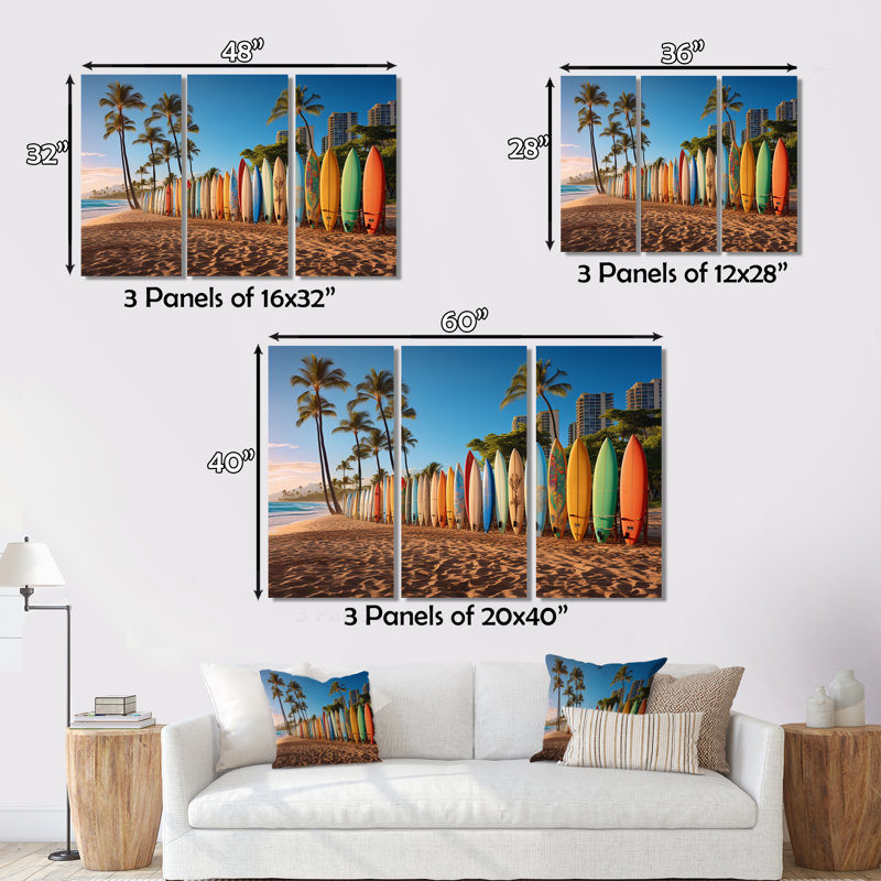 Hawaii Surfers Paradise sur toile, reproduction de 3 pièces, H 28 po x l 36 po