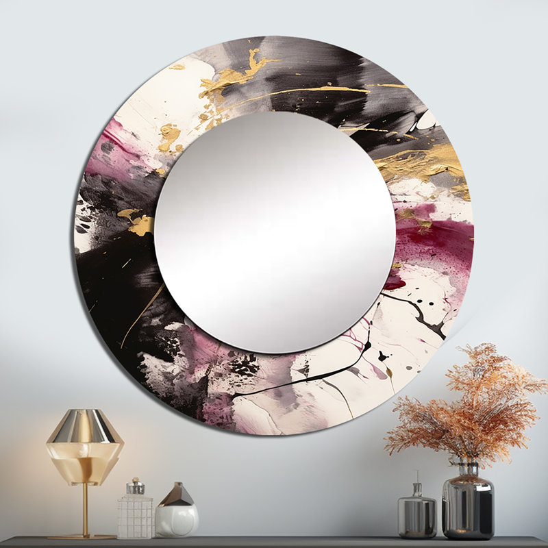 Or et rose fluides Fusion II - miroir mural abstrait unique, miroir rond doré, impression sur métal, 23 po x 23 po