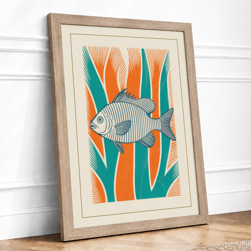 Patterned Fish Mid-Century - Framed Print, A3 - 42.0 x 29.7 cm, Oak