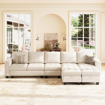 Shavera 6 - Piece 130.6'' Wide Upholstered Sectional Modular Sofa Velvet Large L Shaped Tufted Couch with Storage Ottomans
