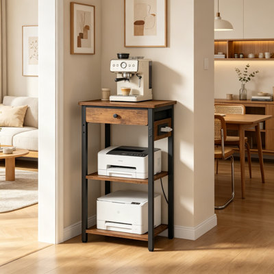 Support d'imprimante à 3 niveaux avec station de charge, table d'imprimante sous le bureau avec tablettes de rangement et tiroir pour le bureau personnel, le salon, la chambre à coucher, la salle de bain, cadre en métal brun rustique
