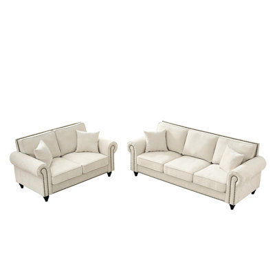 Beige 3 + 2 places avec accoudoirs roulés, toucher velours doux, revêtement en chenille, courbé, rivets dorés, pieds en bois de pin, rembourrage en mousse haute densité, assise moyenne, look moderne pour appartement et cadre,