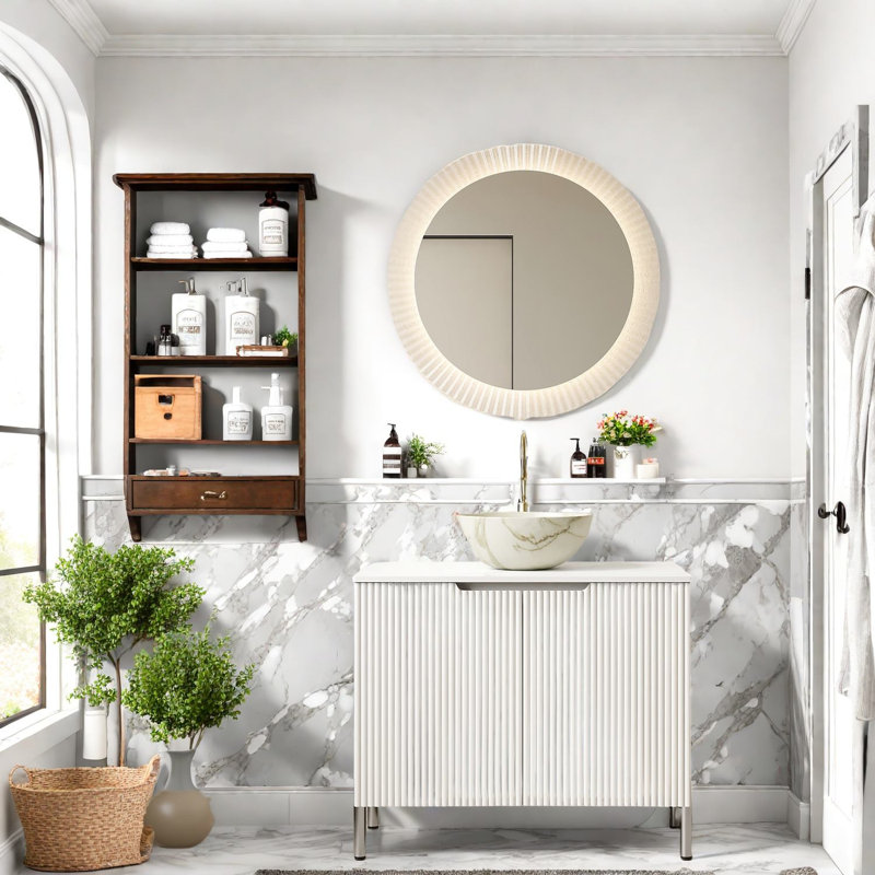 Meuble-lavabo compact 30 po avec rangement, marbre de Carrare et lavabo en céramique