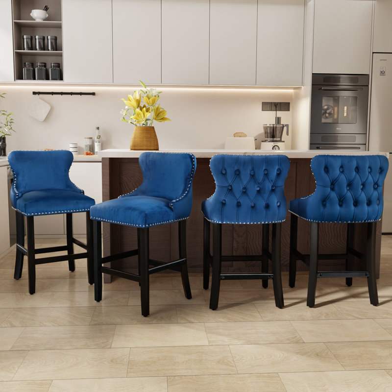  Modern Velvet Upholstered Bar Stools Counter Height Barstools Set of 4, Blue