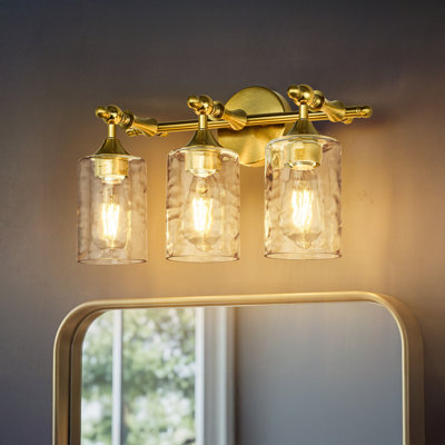 3-Light Dimmable Vanity Light With Water Glass Shades Brushed Gold Finish