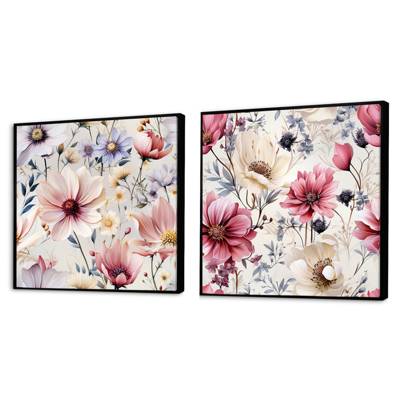 Hamrick - Ensemble de 2 collages carrés floraux, Cadre flottant noir, H 16 po x l 33 po