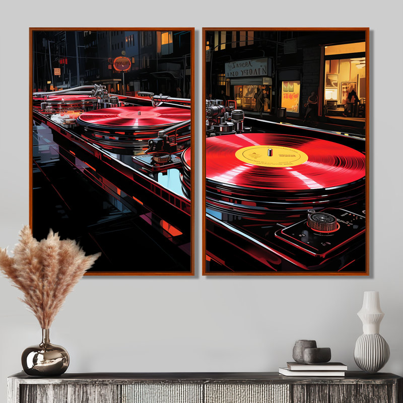 Platines vinyle mauves et noires - art mural moderne sur toile, Noir, H 36 po x l 48 po, Impression encadrée flottante