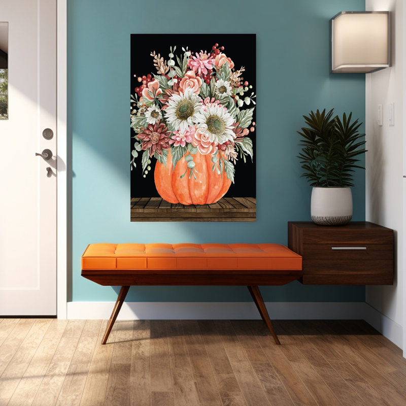 Art floral d'automne avec citrouille et tournesol contemporain, H 48 po x l 32 po
