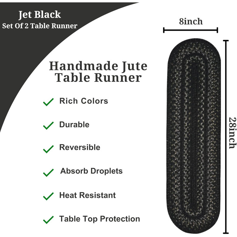 Chemin de table d'intérieur en jute de qualité supérieure - ensemble de 2, taille 8 po x 28 po, Noir de jais