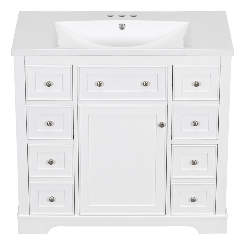 Ensemble de meuble-lavabo 36 po avec lavabo, une armoire et six tiroirs, panneau en bois massif et panneau de fibres à densité moyenne, blanc