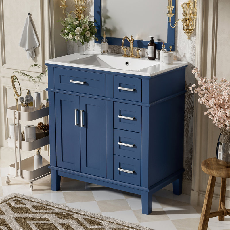 Bathroom Vanity with Ceramic Sink, Double Soft-Close Doors and Deep Drawer, Blue