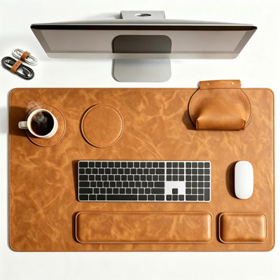 Tapis de souris et repose-poignets pour clavier, grand tapis de bureau en cuir PU de 80 x 40 cm avec support pour les poignets, ensemble tapis de souris et repose-poignets pour le travail et les jeux, brun