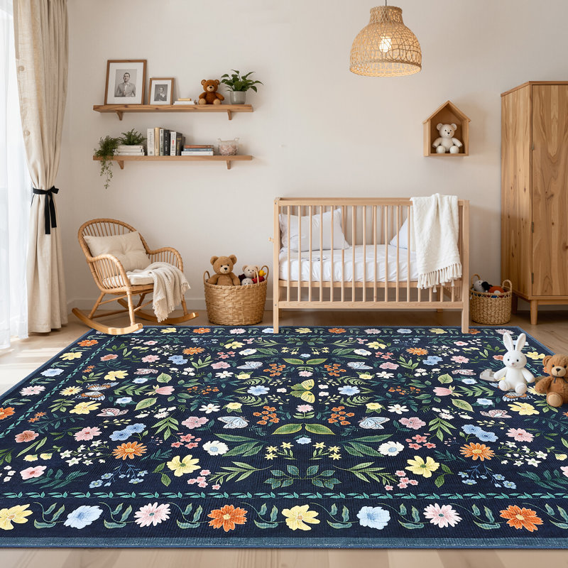Washable Rugs for Living Room, Floral Animal Print Area Rug with Non Slip Backing, Low Pile & Stain Resistant Botanical Soft Accent Carpet for Dining Room, Under Table, Bedroom, Nursery