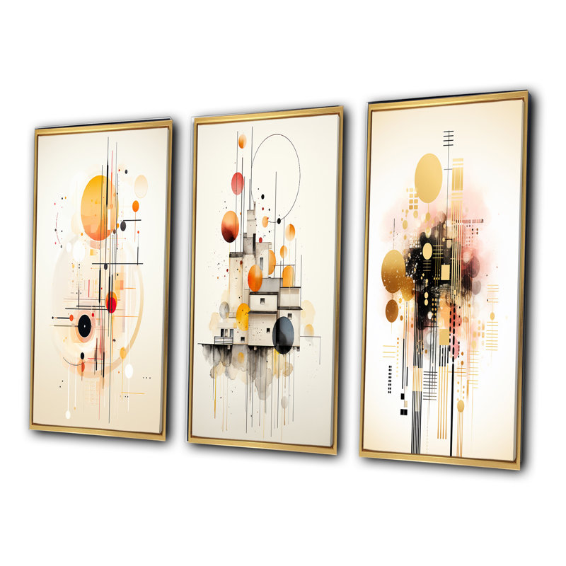 «Pink Elegant Geometric Shapes», 3 pièces sur toile, Cadre flottant doré, H 32 po x l 48 po