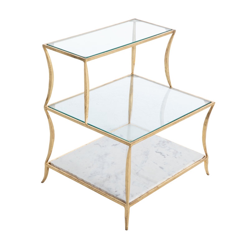 Gold Leafed Iron Frame Glass Top End Table with Marble Shelf