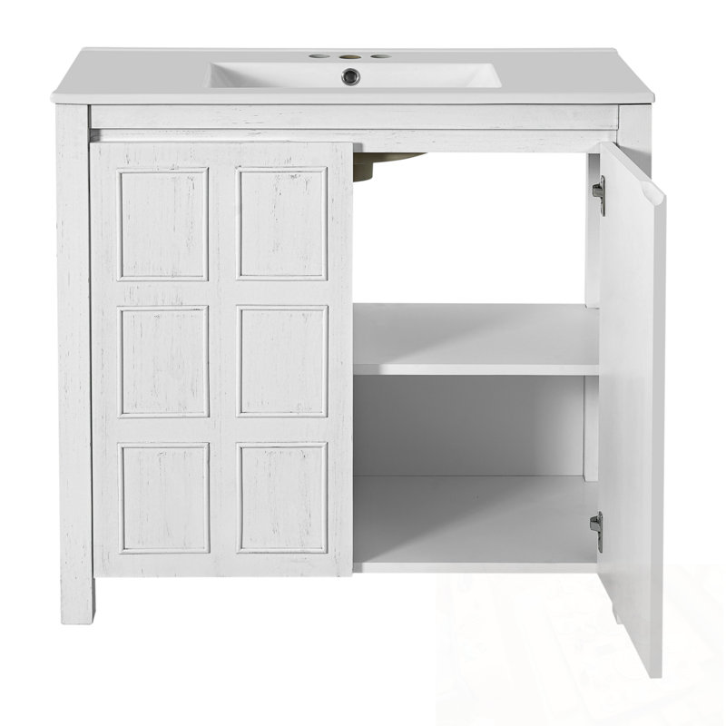 Meuble-lavabo de salle de bain avec lavabo, portes doubles et tablette réglable, Blanc
