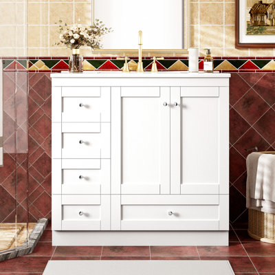 Meuble-lavabo de 36 pouces avec lavabo en céramique, 4 tiroirs à fermeture en douceur, 2 portes, conception moderne, meuble-lavabo de rangement organisé, facile à entretenir, apparence
