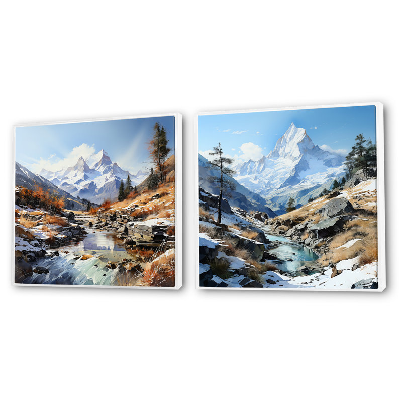 Mountain Charm Creek en hiver - ensemble de 2 montagnes carrées, H 16 po x l 33 po, Cadre flottant blanc