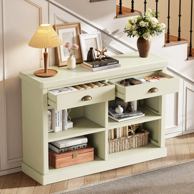 Console Bely Farmhouse avec 2 tiroirs et tablettes de rangement ouvertes