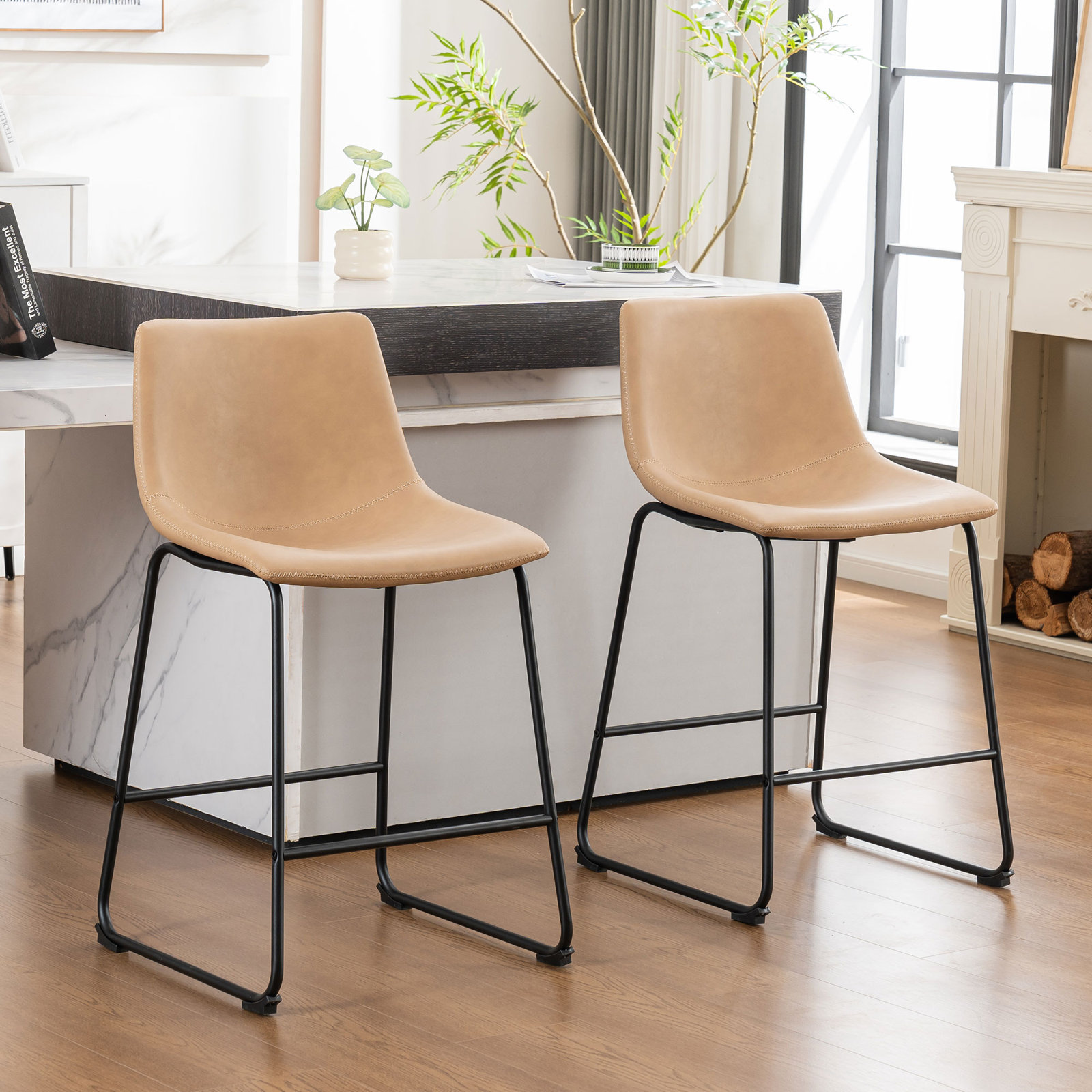 Anke Vegan Leather Armless (Set of 2), Taupe, Counter Stool (24” Seat Height)