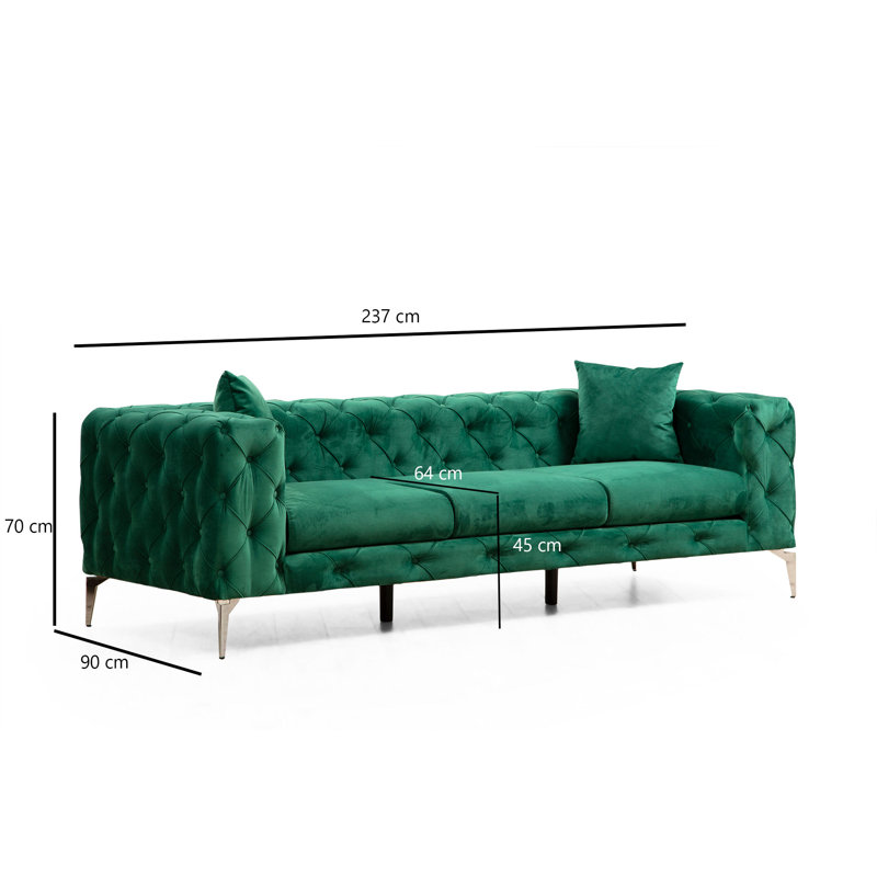 Canapé moderne 3 places, vert, 93,3 po x 27,6 po x 35,4 po | Structure en bois de hêtre et en carton, tissu 100% polyester | Comprend 2 coussins amovibles de 18 po x 18 po, des pieds en métal chromé élégants et confortables pour la maison ou l'hôtel