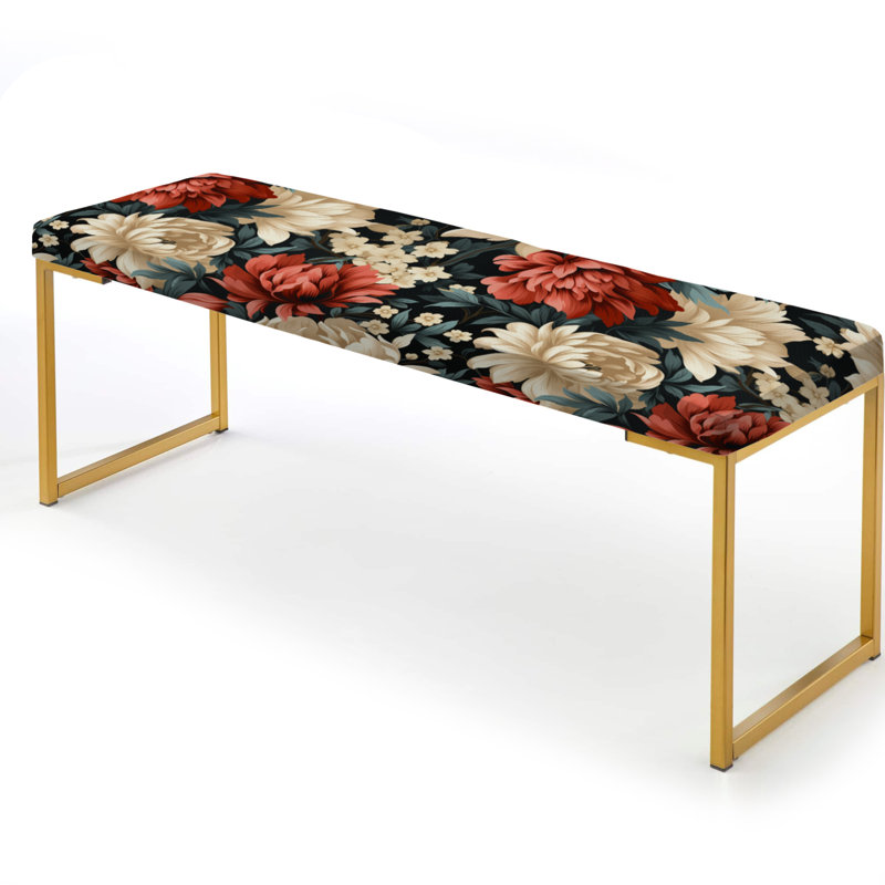 Upholstered Gold Bench, Beige And Red Ornate Damask Legacy