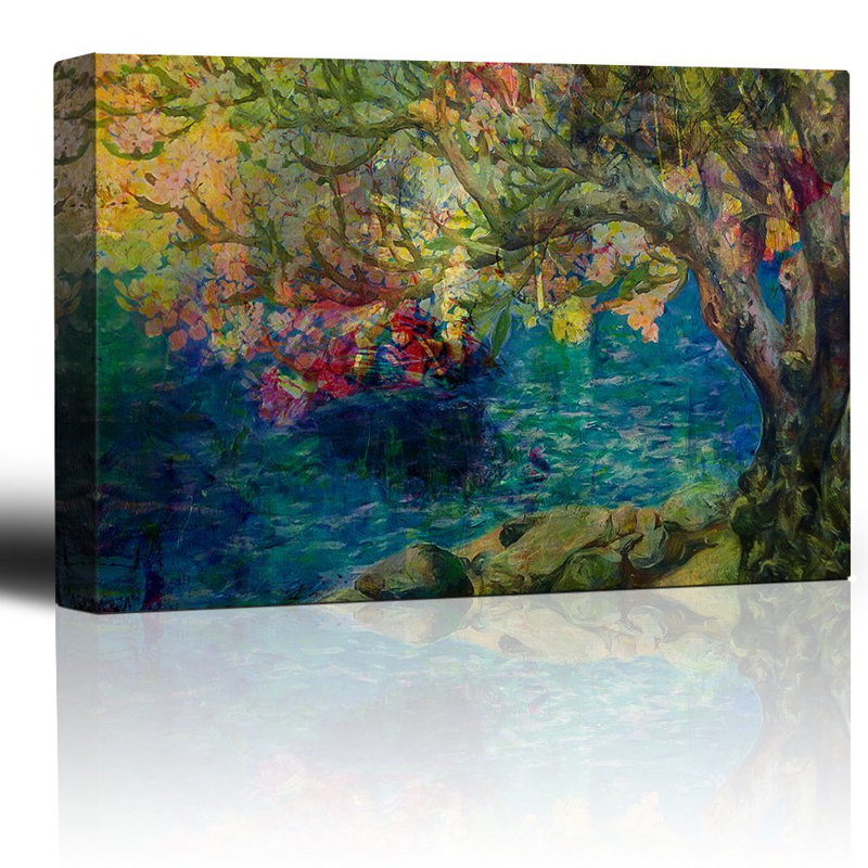 Peinture colorée d'un arbre au bord d'un lac, H 32 po x l 48 po x P 1,5 po