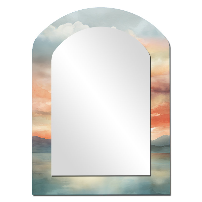 Bold Sunset Coastal Horizon IV - Beige Asymmetrical Decorative Wall Mirror, Traditional Arch Mirror, Printed Metal Art