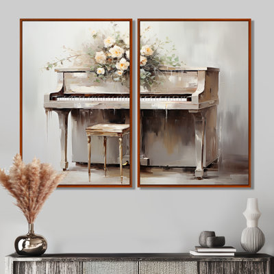 White Timeless Floral Piano - White Wall Art 2-Pieces