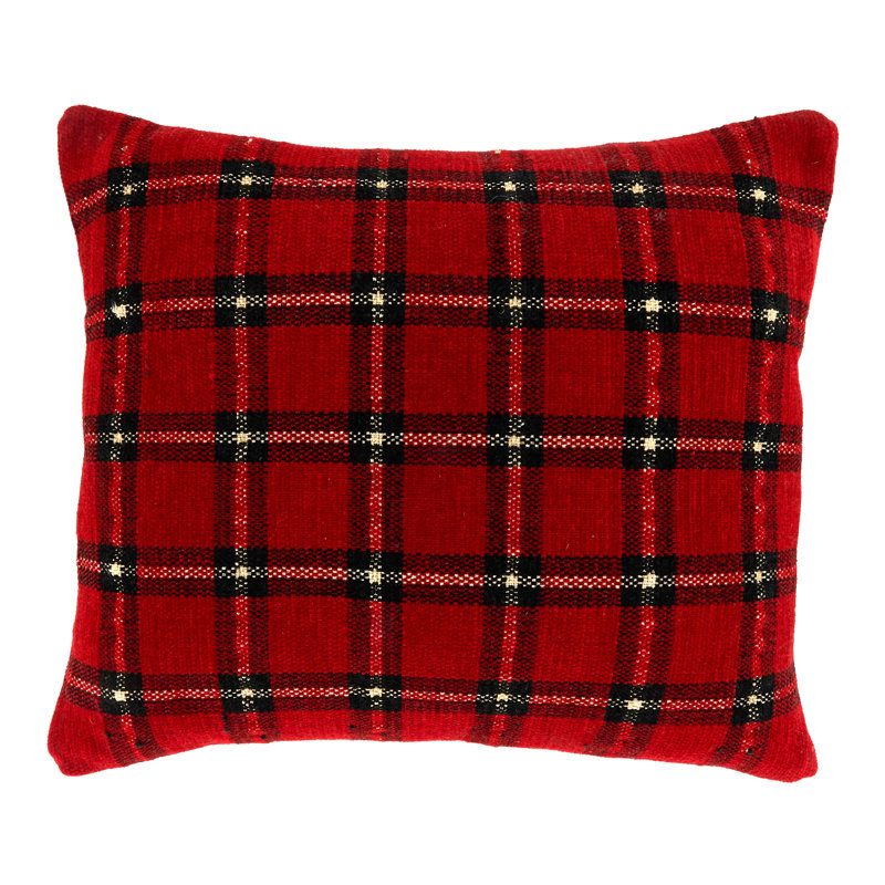 Red Plaid Chenille Poly Filled Square Throw Pillow