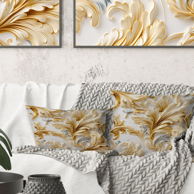Coussin décoratif en polyester damassé doré et blanc doré, 18" x 18"