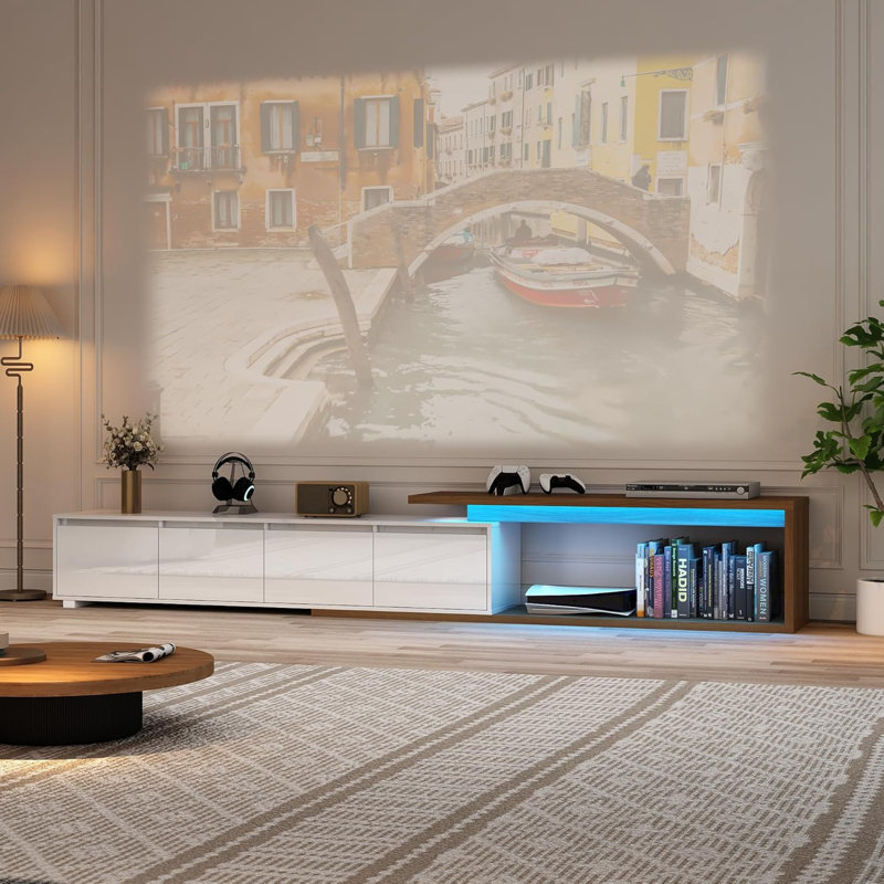 75"-110" Extendable TV Stand With LED Light With 2 Drawers And 2 Cabinets, White/Walnut