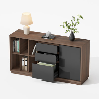 60"W - 3 Drawers Lateral File Cabinet With Door, Adjustable Shelves, Power Strip, And Open Storage For Home Office