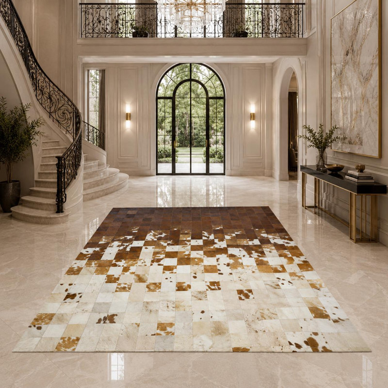 Tapis en cuir de vache patchwork fait à la main, tapis en cuir véritable, décor de salon dégradé beige brun, 9 x 12 pi