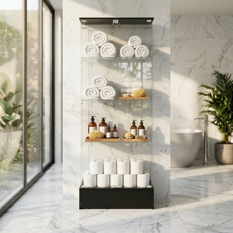 Rangement de salle de bain avec portes en verre et tiroir