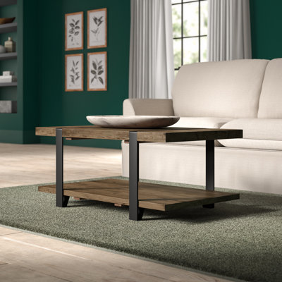 Stowe Reclaimed Wood Coffee Table, 42"L, Durable Metal Legs, Unique Wrapped Metal Strap Design, Rustic Brown, Ideal for Living and Office Spaces