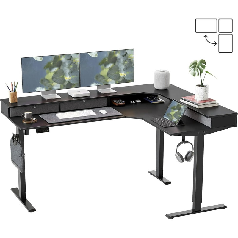 L-Shaped Electric Standing Desk With Drawers, Black