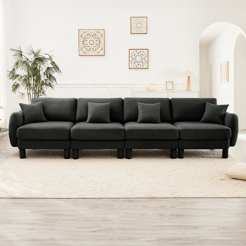 Tissu à 4 places Boucle en gris foncé, accoudoirs distinctifs et coussins de dossier moelleux pour la détente, chambre à coucher de style moderne, tissu gris confortable pour la nuit, conception avec forme, structure à ressorts en bois