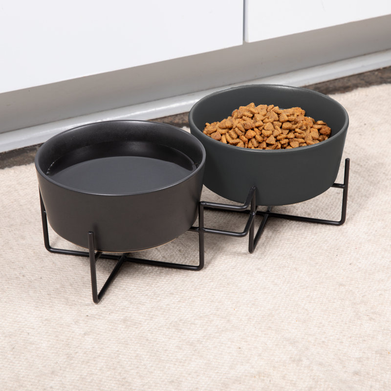 Matte Black Ceramic Double Dog Feeder with Stand