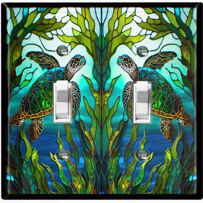 Metal Light Switch Plate Outlet Cover (Cute Turtle Glass Art Print - Double Toggle)