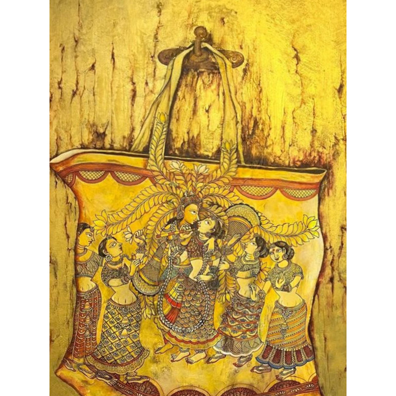 Le thème de Krishna Leela avec Gopis | Acrylique sur toile | Par Nikunja Bihari Das | Avec cadre