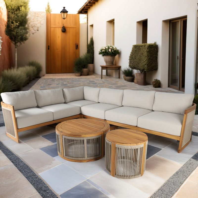Ensemble de conversation modulaire d'extérieur en bois d'acacia avec coussins crème Guzal