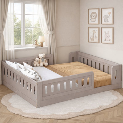 Full Size Floor Bed With Guardrail, Semi-Enclosed Design, Wood, Contemporary, Kids Bedroom